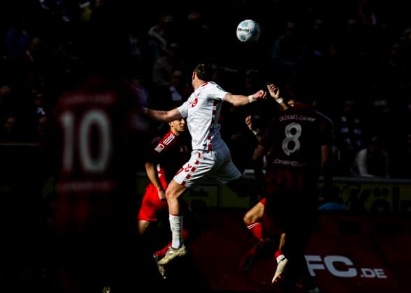Köln, RheinEnergieStadion, 23.02.2025: Imad Rondic of Koeln jumps for a header during the 2.Bundesliga match 1.FC Koeln vs. Fortuna Duesseldorf.
