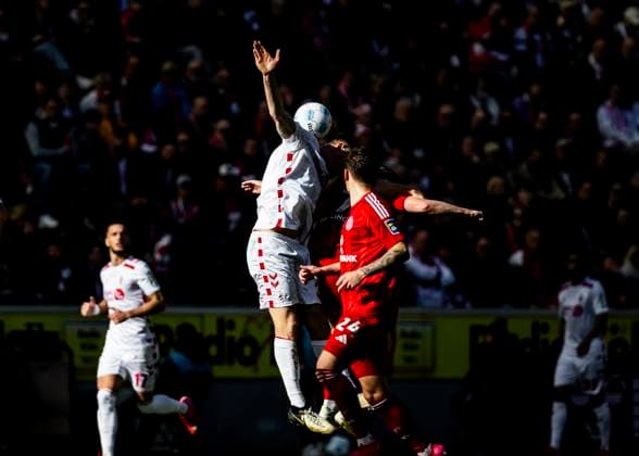 Köln, RheinEnergieStadion, 23.02.2025: Imad Rondic of Koeln jumps for a header during the 2.Bundesliga match 1.FC Koeln vs. Fortuna Duesseldorf.