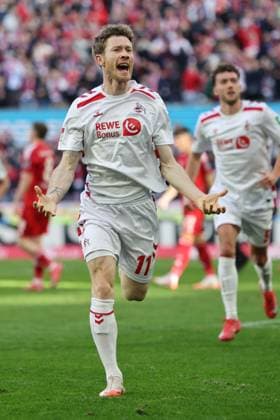 GER, 2.FBL, 1. FC Koeln vs. Fortuna Duesseldorf 23.02.2025, Rheinenergie Stadion, Koeln, GER, 2.FBL, 1. FC Koeln vs. Fortuna Duesseldorf , im Bild: 1:0 fuer Koeln Torjubel Jubel Jubellauf, Torschuetze Florian Kainz (FC Koeln 11), nordphotoxGmbHx xMeuter nph00351