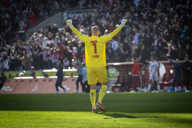 2. Fußball Bundesliga: 1. FC Köln - Fortuna Düsseldorf, 23.02.2025 Jubel bei Marvin Schwäbe (1. FC Köln, 1) beim Tor zum 1:0; Köln, 23.02.2025 - 1. FC Köln - Fortuna Düsseldorf 23. Spieltag der 2. Fussball-Bundesliga: , 1. FC Köln - Fortuna Düsseldorf in der Rhein-Energie-Stadion in Köln. DFL REGULATIONS PROHIBIT ANY USE OF PHOTOGRAPHS AS IMAGE SEQUENCES AND OR QUASI-VIDEO.
