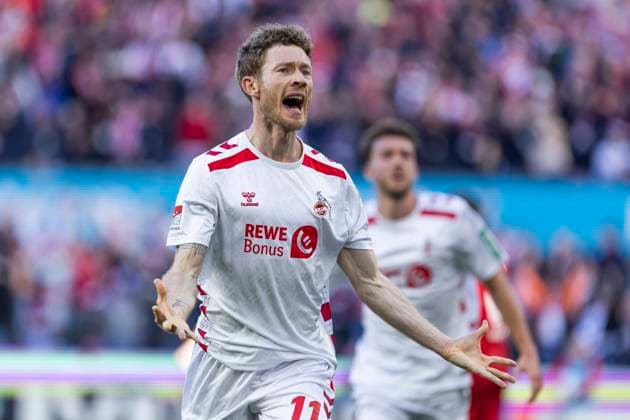 2. Fußball Bundesliga: 1. FC Köln - Fortuna Düsseldorf, 23.02.2025 Florian Kainz (1. FC Köln, 11) jubelt nach seinem Tor. 2. Fußball Bundesliga, 1. FC Köln - Fortuna Düsseldorf, 23. Spieltag, am 23.02.2025, RheinEnergie-Stadion, Köln. DFL regulations prohibit any use of photographs as image sequences and or quasi-video