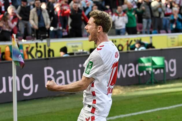 Florian Kainz (Koeln 11) jubelt nach dem Tor zum 1:0 23.02.2025 Fussball 1. FC Koeln vs Fortuna Duesseldorf, Rheinenergiestadion, Koeln, DFB DFL REGULATIONS PROHIBIT ANY USE OF PHOTOGRAPHS AS IMAGE SEQUENCES AND OR QUASI-VIDEO