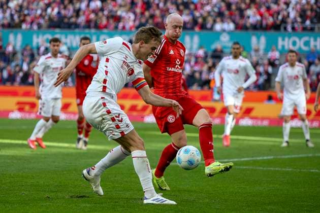 Köln, Deutschland, 23.02.25: Timo Hübers (1. FC Köln) und Valgeir Lunddal Fridriksson (Fortuna Düsseldorf) im Kampf um den Ball waehrend des Spiels der 2. Bundesliga zwischen 1. FC Köln vs Fortuna Düsseldorf im RheinEnergieStadion Köln RheinEnergieStadion North Rhine-Westphalia Germany