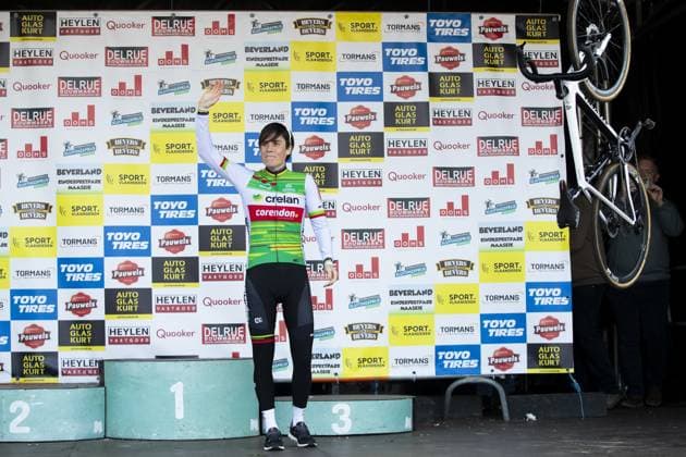 Belgian Sanne Cant pictured during a farewell celebration after the women s elite race at the Sluitingsprijs Oostmalle cyclocross race, Sunday 23 February 2025, in Oostmalle, the last race of the 2024-2025 cyclocross season. KRISTOFxVANxACCOM  x113101647x