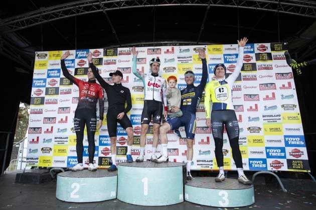 Maarten Van Staeyen, Mathijs Wuyts, Jens Adams, Corne Van Kessel and Thijs Aerts pictured during a farewell celebration after the men s elite race at the Sluitingsprijs Oostmalle cyclocross race, Sunday 23 February 2025, in Oostmalle, the last race of the 2024-2025 cyclocross season. KRISTOFxVANxACCOM  x113104996x