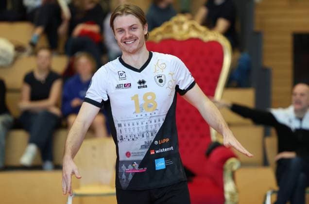 BAU 23.02.2025 Ludwigsburg Volleyball Barock Volleys Ludwigsburg vs. SSG Langen, Ryan Slater (LB) freut sich
