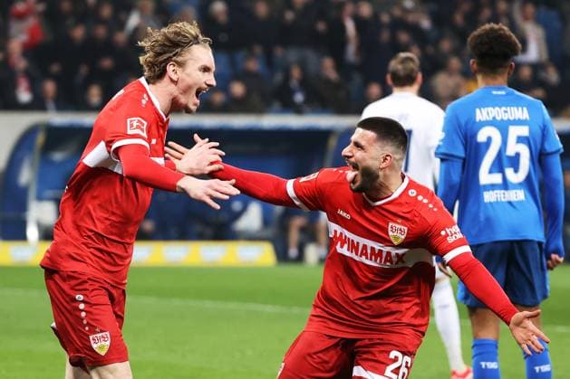 Sport Themen der Woche KW08 Sport Bilder des Tages o23.02.2025, xtvx, Fussball 1.Bundesliga, TSG 1899 Hoffenheim - VfB Stuttgart v.l. Goal scored, Tor zum 0:1 Nick Woltemade (VfB Stuttgart) Torjubel, Goal celebration, celebrate the goal, celebrates scoring Nick Woltemade (VfB Stuttgart) Deniz Undav (VfB Stuttgart) (DFL DFB REGULATIONS PROHIBIT ANY USE OF PHOTOGRAPHS as IMAGE SEQUENCES and or QUASI-VIDEO) Sinsheim *** o23 02 2025, xtvx, Soccer 1 Bundesliga, TSG 1899 Hoffenheim VfB Stuttgart v l Goal scored, Goal to 0 1 Nick Woltemade VfB Stuttgart Torjubel, Goal celebration, celebrate the goal, celebrates scoring Nick Woltemade VfB Stuttgart Deniz Undav VfB Stuttgart DFL DFB REGULATIONS PROHIBIT ANY USE OF PHOTOGRAPHS as IMAGE SEQUENCES and or QUASI VIDEO Sinsheim