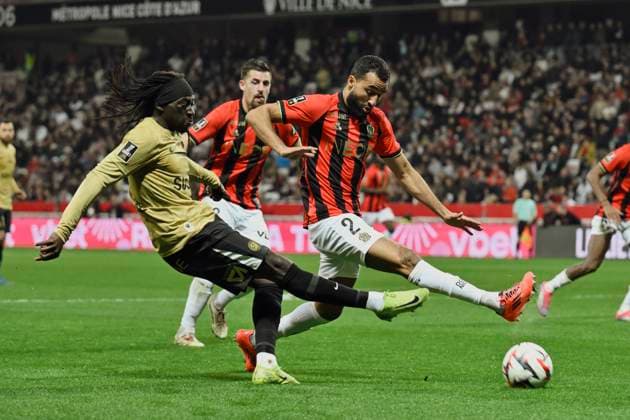 FOOTBALL : Nice vs Montpellier - ligue 1 - 23 2 25 Montpellier s forward 70 Edwing Tanguy Coulibaly and Nice™s defender 2 Ali Abdi during the during the French L1 football match between Nice (OGCN) and Montpellier (MHSC) at Allianz Riviera Stadium of Nice, south France, on February 23, 2025. NICEFrance  Copyright: xfredxDIDES psnewzx