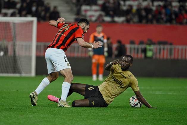 FOOTBALL : Nice vs Montpellier - ligue 1 - 23 2 25 Nice™s forward 24 Gaetan Laborde and Montpellier s defender 4 Boubakar Kiki KouyatÃ during the during the French L1 football match between Nice (OGCN) and Montpellier (MHSC) at Allianz Riviera Stadium of Nice, south France, on February 23, 2025. NICEFrance  Copyright: xfredxDIDES psnewzx