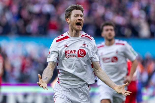2. Fußball Bundesliga: 1. FC Köln - Fortuna Düsseldorf, 23.02.2025 Florian Kainz (1. FC Köln, 11) jubelt nach seinem Tor zur 1:0 Führung. 2. Fußball Bundesliga, 1. FC Köln - Fortuna Düsseldorf, 23. Spieltag, am 23.02.2025, RheinEnergie-Stadion, Köln. DFL regulations prohibit any use of photographs as image sequences and or quasi-video