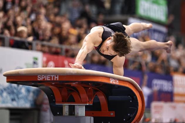 Sport Themen der Woche KW08 Tom Schultze, GER, during vault final at 2025 world cup Turnier der Meister in Cottbus; 23 02 2025; *** Tom Schultze, GER, during vault final at 2025 world cup Tournament of Champions in Cottbus 23 02 2025 