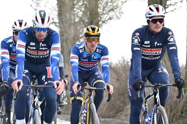 Flanders Classics opening weekend 2025 - training session 26 02 2025 GENT, BELGIUM - FEBRUARY 26 : Cattaneo Mattia (ITA) of Soudal - Quick Step, Evenepoel Remco (BEL) of Soudal - Quick Step and Lampaert Yves (BEL) of Soudal - Quick Step pictured during a during a training session ahead of the Flanders Classics opening weekend with Omloop Het Nieuwsblad and Kuurne Brussel Kuurne on February 26, 2025 in Gent, Belgium, 26 02 2025 Gent Belgium  Copyright: xJanxDexMeuleneirx