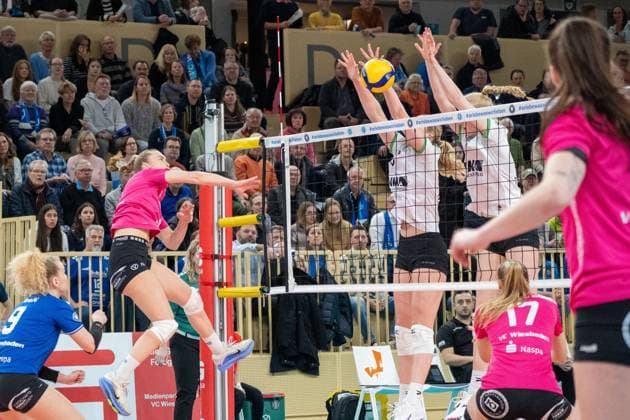 26.02.2025, xhfmx, Volleyball 1.Bundesliga Damen, VC Wiesbaden - USC Münster v.l. Tanja Großer (VC Wiesbaden) mit dem Schlagball gegen den Münsterer Bock. (DFL DFB REGULATIONS PROHIBIT ANY USE OF PHOTOGRAPHS as IMAGE SEQUENCES and or QUASI-VIDEO) Wiesbaden