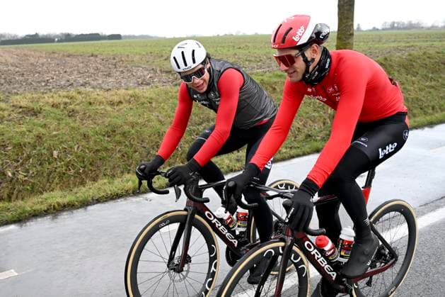 Flanders Classics opening weekend 2025 - training session 27 02 2025 GENT, BELGIUM - FEBRUARY 27 : De Lie Arnaud (BEL) of Lotto Cycling Team and De Buyst Jasper (BEL) of Lotto Cycling Team pictured during a training session ahead of the Flanders Classics opening weekend with Omloop Het Nieuwsblad and Kuurne Brussel Kuurne on February 27, 2025 in Gent, Belgium, 27 02 2025 Gent Belgium  Copyright: xJanxDexMeuleneirx