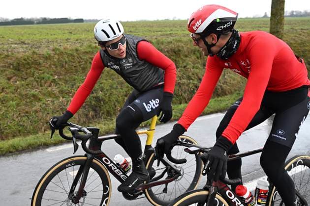 Flanders Classics opening weekend 2025 - training session 27 02 2025 GENT, BELGIUM - FEBRUARY 27 : De Lie Arnaud (BEL) of Lotto Cycling Team and Van Moer Brent (BEL) of Lotto Cycling Team pictured during a training session ahead of the Flanders Classics opening weekend with Omloop Het Nieuwsblad and Kuurne Brussel Kuurne on February 27, 2025 in Gent, Belgium, 27 02 2025 Gent Belgium  Copyright: xJanxDexMeuleneirx