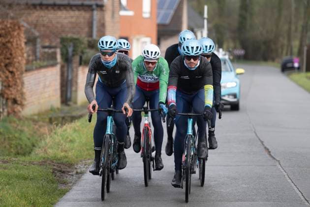Flanders Classics opening weekend 2025 - training session 27 02 2025 GENT, BELGIUM - FEBRUARY 27 : riders of XDS Astana Team pictured during a training session ahead of the Flanders Classics opening weekend with Omloop Het Nieuwsblad and Kuurne Brussel Kuurne on February 27, 2025 in Gent, Belgium, 27 02 2025 Gent Belgium  Copyright: xJanxDexMeuleneirx