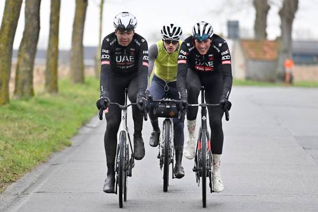 Flanders Classics opening weekend 2025 - training session 27 02 2025 GENT, BELGIUM - FEBRUARY 27 : Vermeersch Florian (BEL) of UAE Team Emirates - XRG and Politt Nils (GER) of UAE Team Emirates - XRG pictured during a training session ahead of the Flanders Classics opening weekend with Omloop Het Nieuwsblad and Kuurne Brussel Kuurne on February 27, 2025 in Gent, Belgium, 27 02 2025 Gent Belgium  Copyright: xJanxDexMeuleneirx