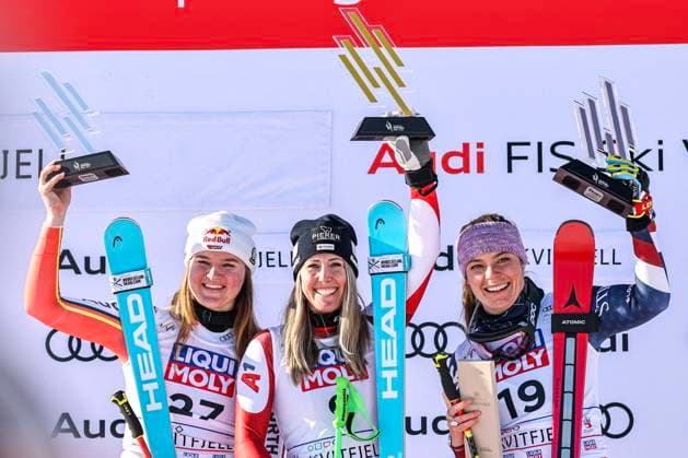 Sport Themen der Woche KW09 Sport Bilder des Tages World Cup Alpine Skiing Kvitfjell downhill women Kvitfjell 20250228. Emma Aicher from Germany (silver), Cornelia Huetter from Austria (gold) and Breezy Johnson from the USA (bronze) on the podium after the FIS Alpine World Cup Women s Downhill in Kvitfjell. Photo: Geir Olsen NTB Kvitfjell Norway EDITORIAL USE ONLY. RESTRICTED USE FOR BETTING COMPANIES Ref:_SPOghhFRAaeKtE.jpg *** World Cup Alpine Skiing Kvitfjell downhill women Kvitfjell 20250228 Emma Aicher from Germany silver , Cornelia Huetter from Austria gold and Breezy Johnson from the USA bronze on the podium after the FIS Alpine World Cup Women s Downhill in Kvitfjell Photo Geir Olsen NTB Kvitfjell Norway EDITORIAL USE ONLY RESTRICTED USE FOR BETTING COMPANIES  Copyright: xGeirxOlsenx xNTBx