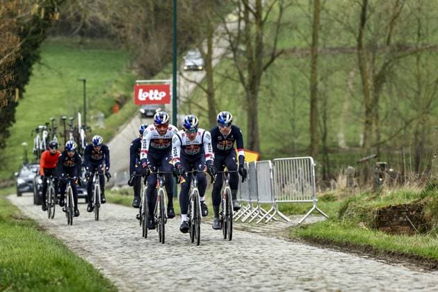 Sport Bilder des Tages RedBull-BORA-hansgrohe riders pictured in action during a track reconnaissance session ahead of this weekend s one-day cycling race Omloop Het Nieuwsblad, opening race of the Flemish classic one day races season, Friday 28 February 2025. DAVIDxPINTENS  x113658972x