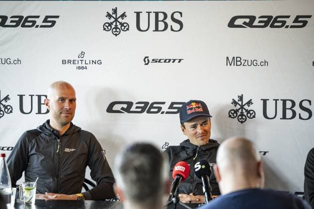 Belgian Frederik Frison of Q36.5 Pro Cycling Team and British Tom Pidcock of Q36.5 Pro Cycling Team pictured during a press conference, PK, Pressekonferenz of Q36.5 Pro Cycling Team, Friday 28 February 2025, in Waregem, ahead of this weekend s one-day cycling race Omloop Het Nieuwsblad, opening race of the Flemish classic one day races season. DAVIDxPINTENS  x113665539x