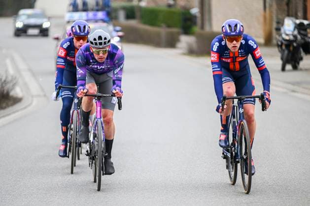 Omloop Het Nieuwsblad 2025 Cycling Race Ninove, Belgium - March 01 : Reinders Elmar (NED) of Team Jayco Alula and Leijnse Enzo (NED) of Team Picnic Postnl in the escape pack during the Men Elite UCI World Tour 80th Flanders Classics Omloop Het Nieuwsblad cycling race of 197 kms with start in Ghent and finish in Ninove on March 1, 2025 in Ninove, Belgium, 1 03 2025 ( Motordriver Kenny Verfaillie - Ninove Belgium  Copyright: xVincentxKalutx
