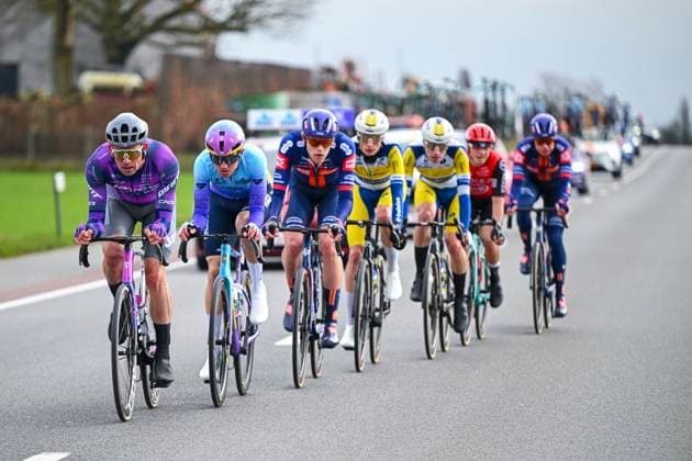 Omloop Het Nieuwsblad 2025 Cycling Race Ninove, Belgium - March 01 : Leijnse Enzo (NED) of Team Picnic Postnl, De Vries Hartthijs (NED) of Unibet Tietema Rockets, Reinders Elmar (NED) of Team Jayco Alula in the escape pack during the Men Elite UCI World Tour 80th Flanders Classics Omloop Het Nieuwsblad cycling race of 197 kms with start in Ghent and finish in Ninove on March 1, 2025 in Ninove, Belgium, 1 03 2025 ( Motordriver Kenny Verfaillie - Ninove Belgium  Copyright: xVincentxKalutx