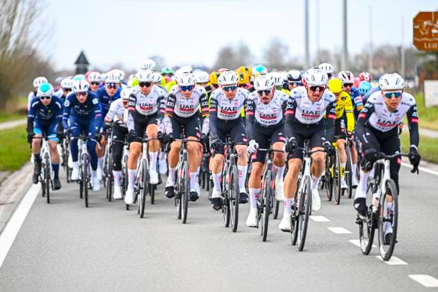 Omloop Het Nieuwsblad 2025 Cycling Race Ninove, Belgium - March 01 : Team UAE Team Emirates - XRG in action, Politt Nils (GER) of UAE Team Emirates - XRG, Wellens Tim (BEL) of UAE Team Emirates - XRG during the Men Elite UCI World Tour 80th Flanders Classics Omloop Het Nieuwsblad cycling race of 197 kms with start in Ghent and finish in Ninove on March 1, 2025 in Ninove, Belgium, 1 03 2025 ( Motordriver Kenny Verfaillie - Ninove Belgium  Copyright: xVincentxKalutx