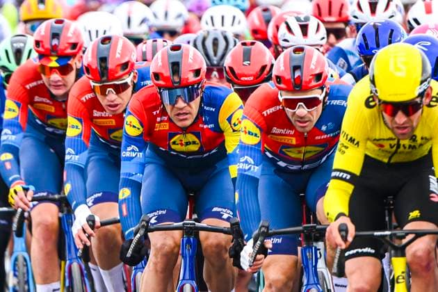 Omloop Het Nieuwsblad 2025 Cycling Race Ninove, Belgium - March 01 : Stuyven Jasper (BEL) of Lidl - Trek in the peloton during the Men Elite UCI World Tour 80th Flanders Classis Omloop Het Nieuwsblad cycling race of 197 kms with start in Ghent and finish in Ninove on March 1, 2025 in Ninove, Belgium, 1 03 2025 ( Motordriver Kenny Verfaillie - Ninove Belgium  Copyright: xVincentxKalutx