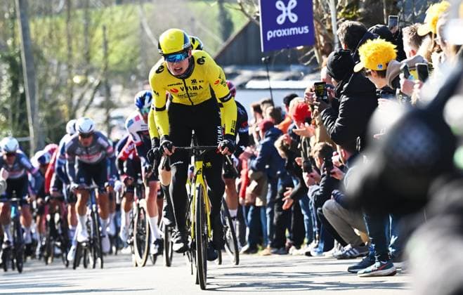 Norwegian Per Strand Hagenes of Team Visma-Lease a Bike pictured in action during the men s one-day cycling race Omloop Het Nieuwsblad (UCI World Tour), 197 km from Gent to Ninove, Saturday 01 March 2025. POOLxLUCxCLAESSEN  x113846165x