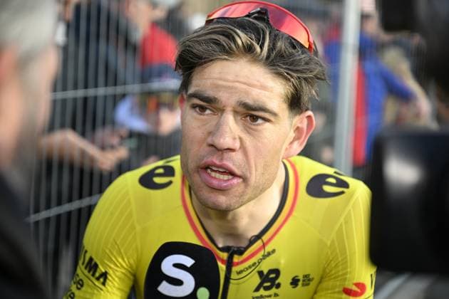 Belgian Wout van Aert of Team Visma-Lease a Bike reacts after the men s one-day cycling race Omloop Het Nieuwsblad (UCI World Tour), 197 km from Gent to Ninove, Saturday 01 March 2025. JASPERxJACOBS  x113850060x