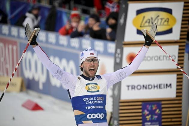 Bilder des Jahres 2025, Sport 03 März Sport Themen der Woche KW09 Gold medallist Jarl Magnus Riiber of Norway celebrates after the men s Nordic combined Compact 7,5 km at the FIS Nordic Ski World Championships in Trondheim on March 1, 2025. Trondheim Norway LKFTJK20250301172354YCLD  Copyright: xMarkkuxUlanderx LKFTJK20250301172354YCLD