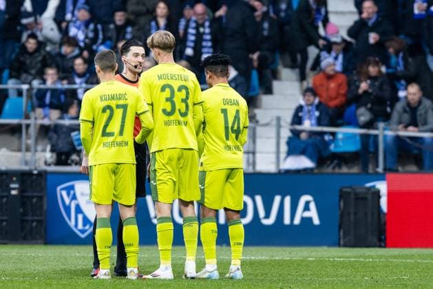 1. Fußball Bundesliga: VfL Bochum - TSG 1899 Hoffenheim; 01.03.2025 Florian Badstübner (Schiedsrichter, Nürnberg), Andrej Kramaric (TSG 1899 Hoffenheim, 27), Max Moerstedt (TSG 1899 Hoffenheim, 33), Gift Orban (TSG 1899 Hoffenheim, 14) 1. Fußball Bundesliga: VfL Bochum - TSG 1899 Hoffenheim; Vonovia-Ruhrstadion, Bochum; 01.03.2025 DFL regulations prohibit any use of photographs as image sequences and or quasi video.