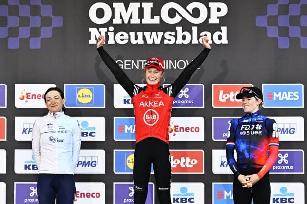 Polish Aurela Nerlo of Winspace Orange Seal, Belgian Lotte Claes of Arkea - B&B Hotels Women and Dutch Demi Vollering of FDJ-Suez celebrate on the podium of the women s one-day cycling race Omloop Het Nieuwsblad (UCI World Tour), 137,9km from Gent to Ninove, Saturday 01 March 2025. DIRKxWAEM  x113861166x