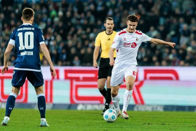 2. Fussball Bundesliga, Karlsruher SC - 1. FC Köln; 01.03.2025 Eric Martel (1. FC Köln, 6) schießt 2. Fussball Bundesliga, Karlsruher SC - 1. FC Köln, Karlsruhe, BBBank Wildpark am 01.03.2025 DFL REGULATIONS PROHIBIT ANY USE OF PHOTOGRAPHS AS IMAGE SEQUENCES AND OR QUASI-VIDEO.