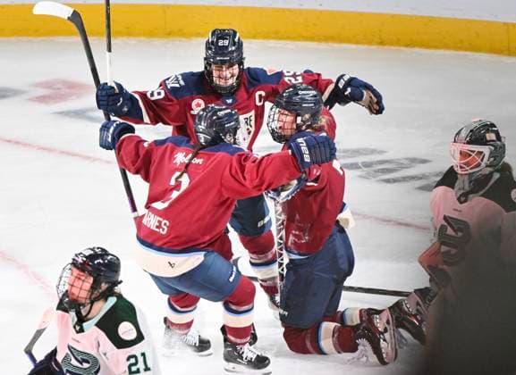 March 1, 2025, Montreal, Pq, Canada: p>Montreal Victoire s Laura Stacey, right, celebrates with teammates Marie-Philip Poulin (29) and Cayla Barnes (3) after scoring the winning during overtime period PWHL hockey action against the Boston Fleet in Montreal, Saturday, March 1, 2025. Cayla Barnes, Laura Stacey, Marie-Philip Poulin  - ZUMAc35_ 20250301_zaf_c35_037 Copyright: xGrahamxHughesx
