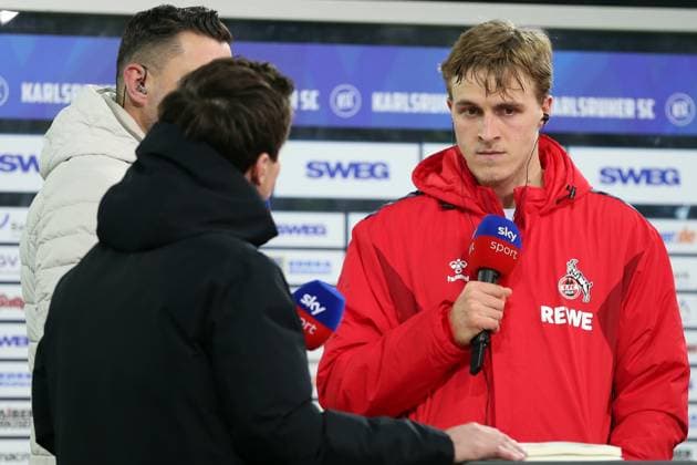 01.03.2025, xrekx, Fussball 2.Bundesliga, Karlsruher SC - 1.FC Köln v.l. Timo Hübers Huebers (1.FC Koeln) nach dem Spiel bei SKY, After the match, Post-match, Interview (DFL DFB REGULATIONS PROHIBIT ANY USE OF PHOTOGRAPHS as IMAGE SEQUENCES and or QUASI-VIDEO) Karlsruhe
