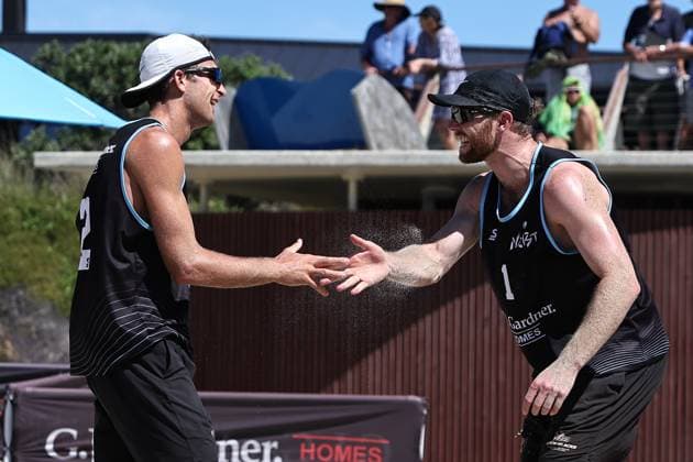 GJ Gardner Beach volleyball, Beachvolleyball womens final Jack (John) McManaway and Thomas Hartles during the GJ Gardner beach volleyball bronze final at Main Beach in Mt Maunganui, Tauranga, New Zealand on Sunday March 02, 2025. Mt Maunganui, Tauranga Main Beach BOP New Zealand Copyright: xAaronxGillionsx 20250302Volleyball_092