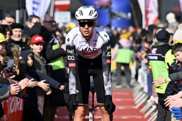Belgian Florian Vermeersch of UAE Team Emirates pictured during the team presentation ahead of the Kuurne-Brussels-Kuurne one day cycling race, 196,9 km from Kuurne to Kuurne via Brussels, Sunday 02 March 2025. DIRKxWAEM  x113980980x
