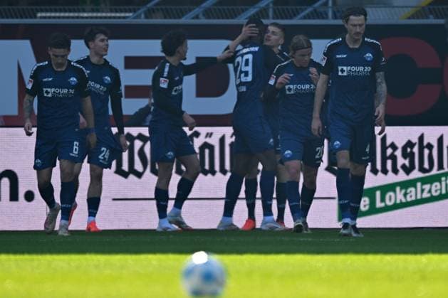 Paderborn, Home Deluxe Arena, 02.03.25, GER, Herren, 2.Bundesliga, Saison 2024-2025, SC Paderborn 07 - Hamburger SV Bild: Filip BILBIJA (Paderborn) jubelt nach seinem Tor zum 1:0 DFL regulations prohibit any use of photographs as image sequences and or quasi-video. NRW Deutschland