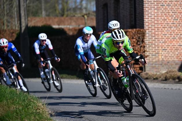 Kuurne - Brussel - Kuurne 2025 cycling race KUURNE, BELGIUM - MARCH 02 : Rider of Wagner Bazin WB leading the escape pack during the Men Elite UCI 1.Pro 77th Kuurne - Brussel - Kuurne cycling race of 203 kms with start in Kortrijk and finish in Kuurne on March 02, 2025 in Kuurne, Belgium, 02 03 2025 ( Motordriver Kenny Verfaillie & Kuurne Belgium  Copyright: xTomasxSiskx