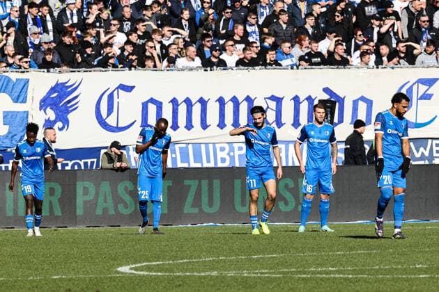 v.l. Lubambo Musonda (1. FC Magdeburg,19), Silas Gnaka (1. FC Magdeburg,25), Mohammed El Hankouri (1. FC Magdeburg,11), Marcus Mathisen (1. FC Magdeburg,16), Xavier Amaechi (1. FC Magdeburg,20) - Torschütze Fraser Hornby (SV Darmstadt 98,9) trifft zum 0-1 - 2. Fußball Bundesliga Saison 2024-2025 1. FC Magdeburg vs. SV Darmstadt 98 in der Avnet Arena in Magdeburg - Aktion,Fußball,Mann,Männer,Deutschland,02.03.2025