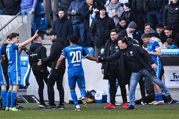 Torjubel - Torschütze Xavier Amaechi (1. FC Magdeburg,20) trifft zum 1-1 mit Trainer Christian Titz (1. FC Magdeburg) - 2. Fußball Bundesliga Saison 2024-2025 1. FC Magdeburg vs. SV Darmstadt 98 in der Avnet Arena in Magdeburg - Aktion,Fußball,Mann,Männer,Deutschland,02.03.2025