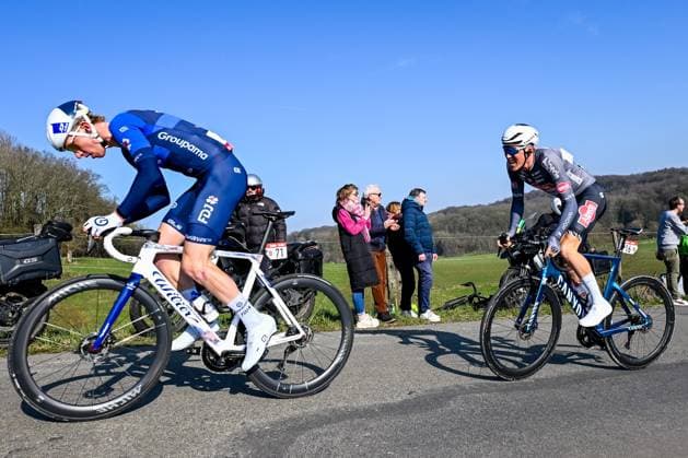 British Lewis Askey of Groupama-FDJ and Belgian Timo Kielich of Alpecin-Deceuninck pictured in action during the Kuurne-Brussels-Kuurne one day cycling race, 196,9 km from Kuurne to Kuurne via Brussels, Sunday 02 March 2025. DIRKxWAEM  x114007502x