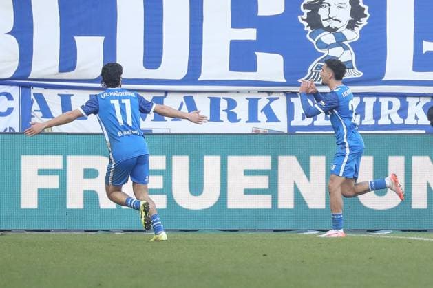 02.03.2025, xgox, Fussball - 2.Bundesliga, 1.FC Magdeburg - SV Darmstadt 98 emspor, v.l. Magdeburg Jubel, Torjubel, jubelt ueber das Tor, celebrate the goal, celebration (DFL DFB REGULATIONS PROHIBIT ANY USE OF PHOTOGRAPHS as IMAGE SEQUENCES and or QUASI-VIDEO) Magdeburg