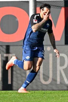 Paderborn, Home Deluxe Arena, 02.03.25, GER, Herren, 2.Bundesliga, Saison 2024-2025, SC Paderborn 07 - Hamburger SV Bild: Adriano GRIMALDI (Paderborn) jubelt nach seinem Tor zum 2:0 DFL regulations prohibit any use of photographs as image sequences and or quasi-video. NRW Deutschland