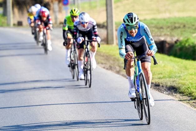 Belgian Tim Wellens of UAE Team Emirates and Belgian Dries De Bondt of Decathlon AG2R La Mondiale Team pictured in action during the Kuurne-Brussels-Kuurne one day cycling race, 196,9 km from Kuurne to Kuurne via Brussels, Sunday 02 March 2025. DIRKxWAEM  x114015257x