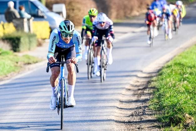 Belgian Tim Wellens of UAE Team Emirates and Belgian Dries De Bondt of Decathlon AG2R La Mondiale Team pictured in action during the Kuurne-Brussels-Kuurne one day cycling race, 196,9 km from Kuurne to Kuurne via Brussels, Sunday 02 March 2025. DIRKxWAEM  x114015274x