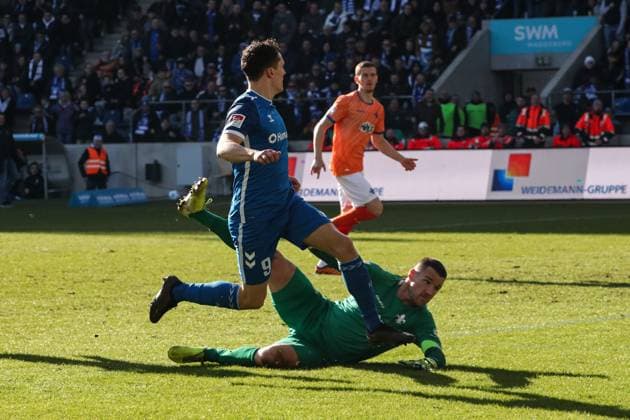 Torschütze Martijn Kaars (1. FC Magdeburg,9) trifft zum 4-1 - 2. Fußball Bundesliga Saison 2024-2025 1. FC Magdeburg vs. SV Darmstadt 98 in der Avnet Arena in Magdeburg - Aktion,Fußball,Mann,Männer,Deutschland,02.03.2025