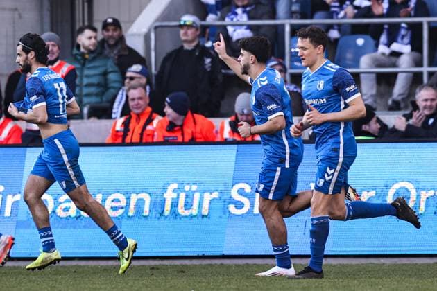 Torjubel - Torschütze Abu-Bekir Ömer El-Zein (1. FC Magdeburg,14) trifft zum 3-1 mit Martijn Kaars (r.,1. FC Magdeburg,9) - 2. Fußball Bundesliga Saison 2024-2025 1. FC Magdeburg vs. SV Darmstadt 98 in der Avnet Arena in Magdeburg - Aktion,Fußball,Mann,Männer,Deutschland,02.03.2025
