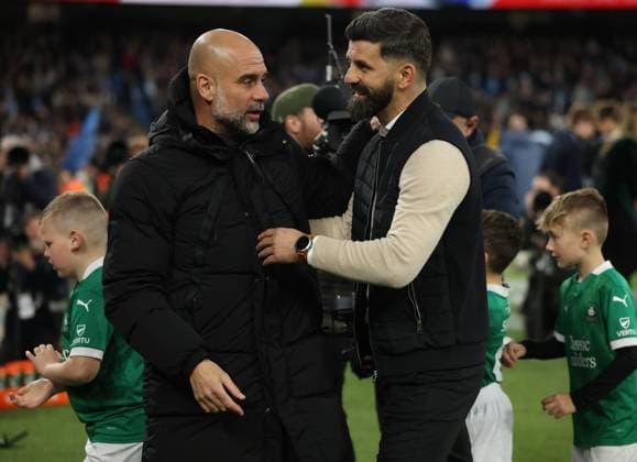 Manchester City manager Pep Guardiola and Plymouth Argyle manager Miron Muslic  Paul Currie